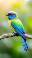 Fototapeta premium Colorful bird perched on branch, rainforest background, nature photography, website banner