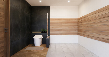 black and white brick scene bathroom with shower and Toilet and decoration on modern toilet room style .3D rendering