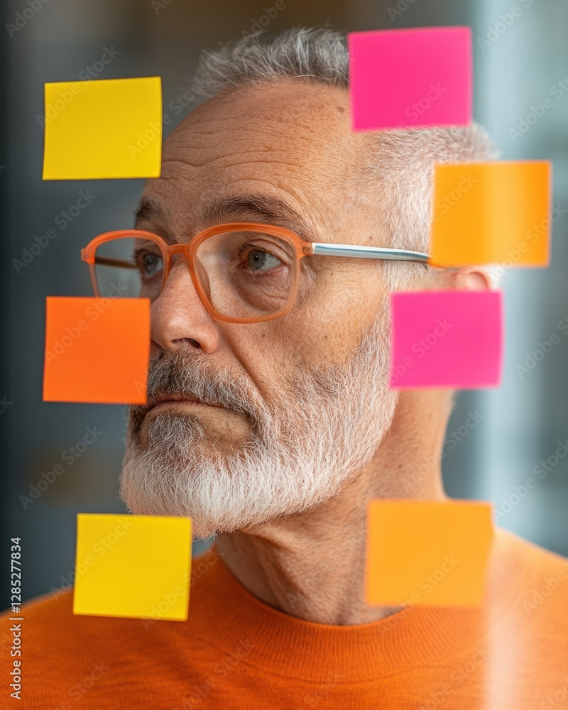 Poster vibrant agile workspace mature multiethnic male in focus with colorful transparent sticky notes - cr