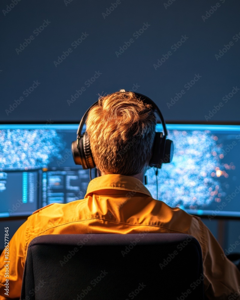 Aufkleber Ultra-Modern Cybersecurity Hub Multi-Screen Monitoring Station with Advanced Tech and Data Visualization - Cutting-Edge Digital Security Workspace for IT Professionals