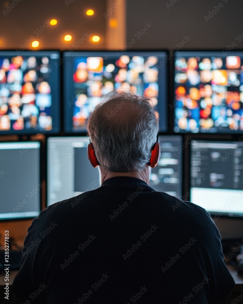 Leinwandbilder High-Tech Surveillance Hub Multi-Screen Monitoring Setup with Modern Tech Gear in a Digital Workspace - Cybersecurity Intelligence and Network Protection Solutions for Business
