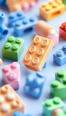 Colorful plastic blocks scattered on blue background