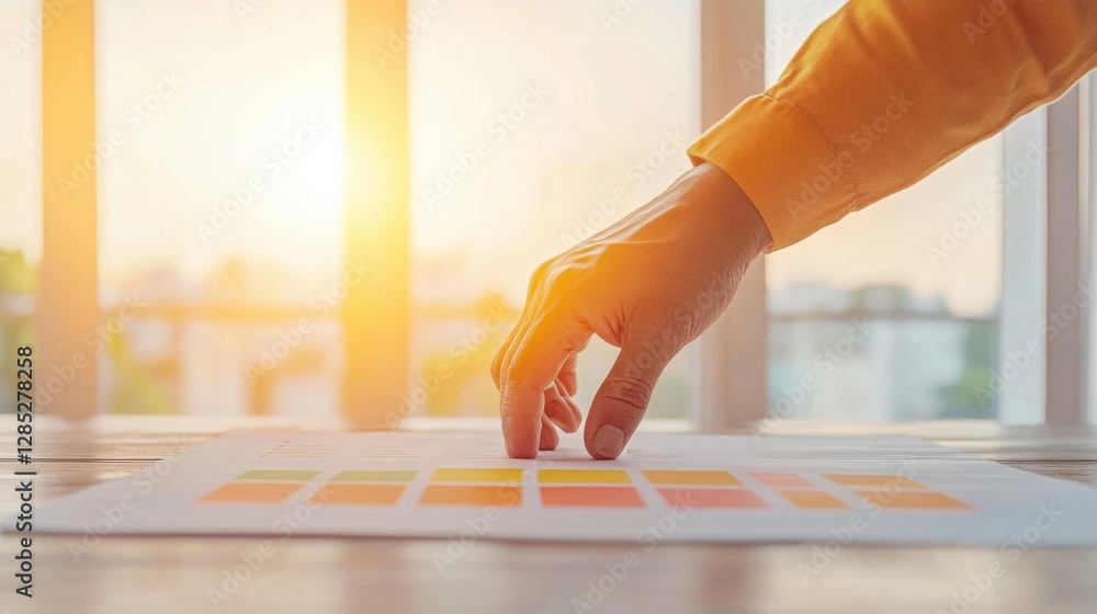 Poster sunlit workspace strategy hand engages with vibrant graph printouts on wooden desk - professional fi