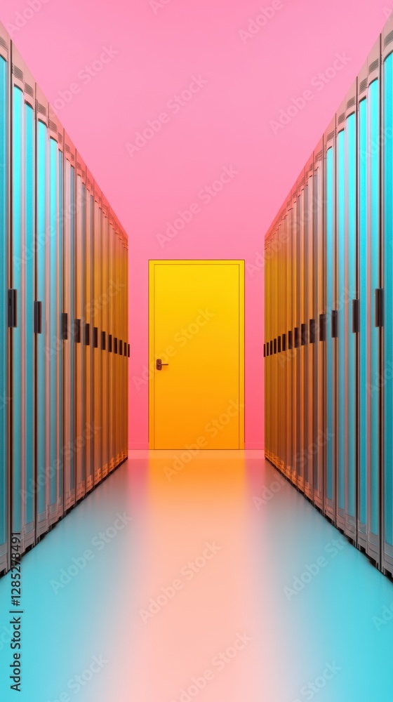Poster Retro-Futuristic Server Racks Vibrant Data Center with Networking Hardware and Climate Control - Digital Infrastructure Solutions in Tech and Business Innovation