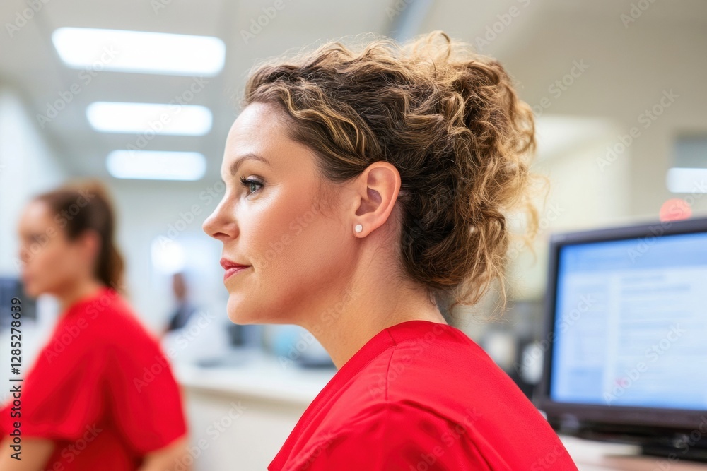 Poster Modern Healthcare Interaction Professional Receptionist in Red Uniform Engages in Patient Care Within Digital Hospital Environment - Streamlined Workflow and Efficient Data Management