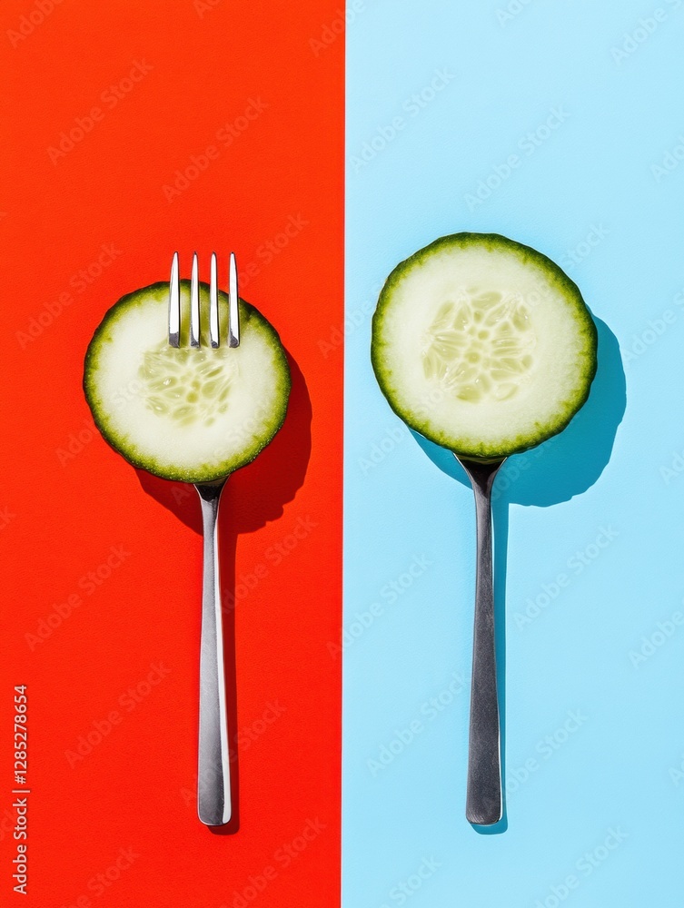 Poster modern minimalist food art cucumber on silver forks on bold color blocks - editorial nutritional con