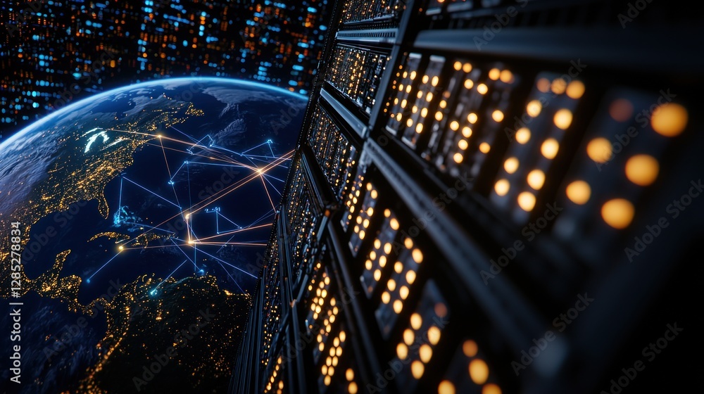 Wall mural futuristic data center with illuminated servers showcasing global connectivity over earth