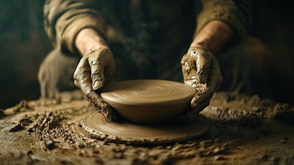 Artisan hands shaping clay on a wheel, intricate texture, creative ambiance, dedication to craftsmanship and artistry