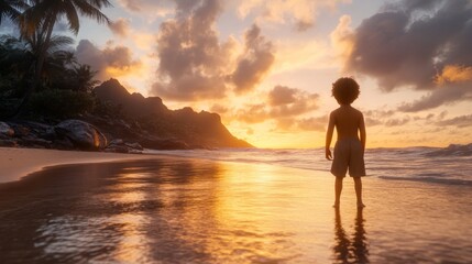 Child Standing at Shoreline During Tropical Sunset in Hawaiian Beach