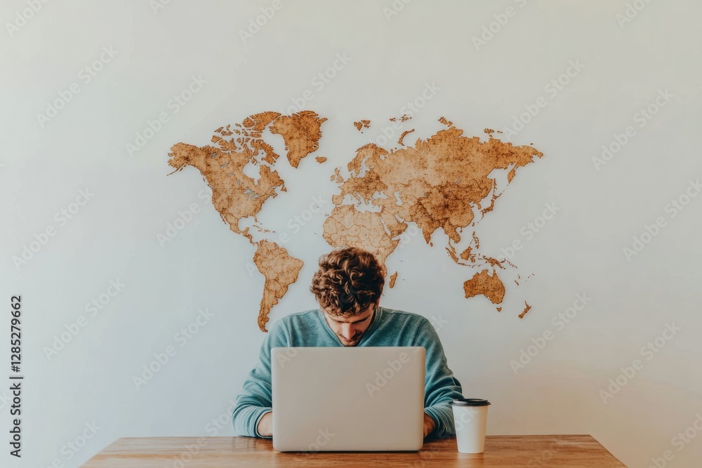 Poster contemporary digital travel planning man exploring virtual destinations on laptop with rustic world 