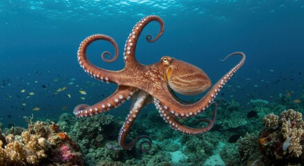 Octopus Swimming Over Coral Reef in Clear Blue Ocean Water