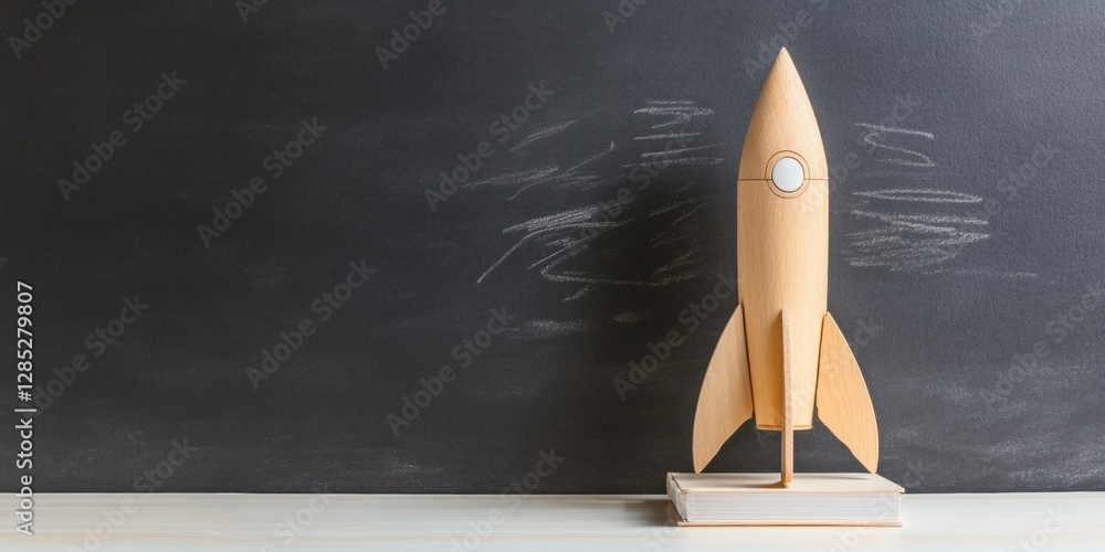 Poster mid-century modern rocket display on chalkboard wooden educational tools and textures - academic bra