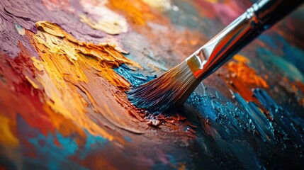 Obraz premium A detailed close-up of a paintbrush spreading vibrant acrylic colors on a textured canvas. The rich