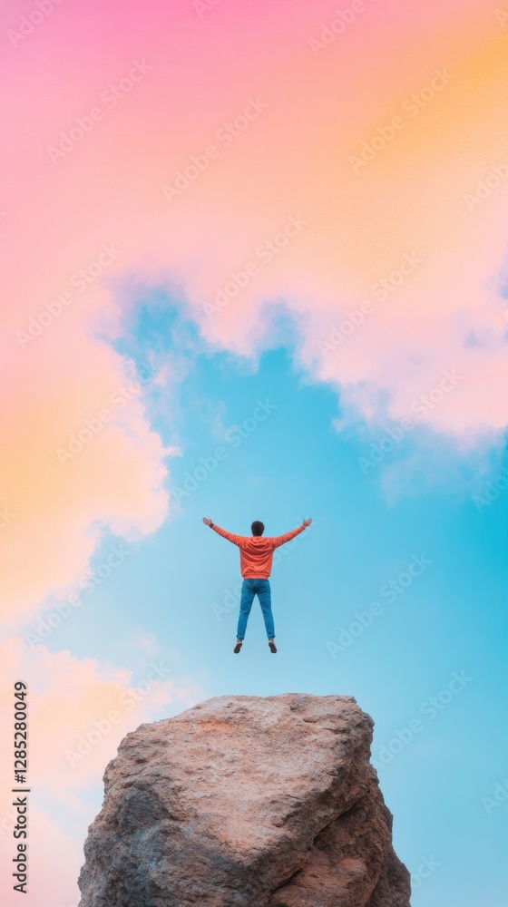 Aufkleber vibrant gradient skies silhouette of leaping figure on cliff edge - dynamic achievement imagery for 
