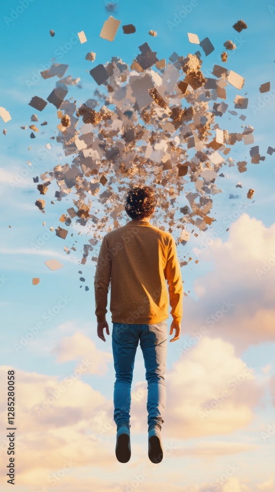 Poster dynamic cloud cityscape young man in casual attire levitates amidst fragmented architecture - inspir