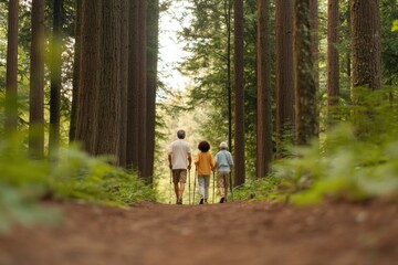 Nature-Inspired Senior Adventure Elderly Couple on Forest Hike with Walking Sticks - Active Retiree Outdoor Content and Sustainable Travel Marketing