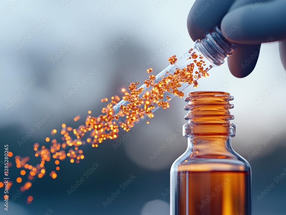 Aufkleber biophilic molecular visualization glowing nanoparticle dispersion in amber vial with digital interfa