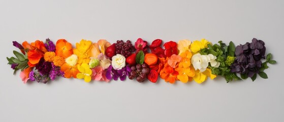 Contemporary Rainbow Produce Display Vibrant Exotic Fruits and Vegetables on Minimalist Layout for Health and Wellness Marketing and Colorful Nutritional Campaigns