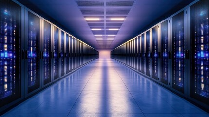 Vibrant Server Lights in a Data Center, showcasing an advanced, bustling processing environment, modern technology hub