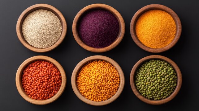 Rustic Culinary Presentation Vibrant Spice and Grain Collection in Wooden Bowls On Dark Surface - Global Gastronomy and Gourmet Content for Modern Food Branding