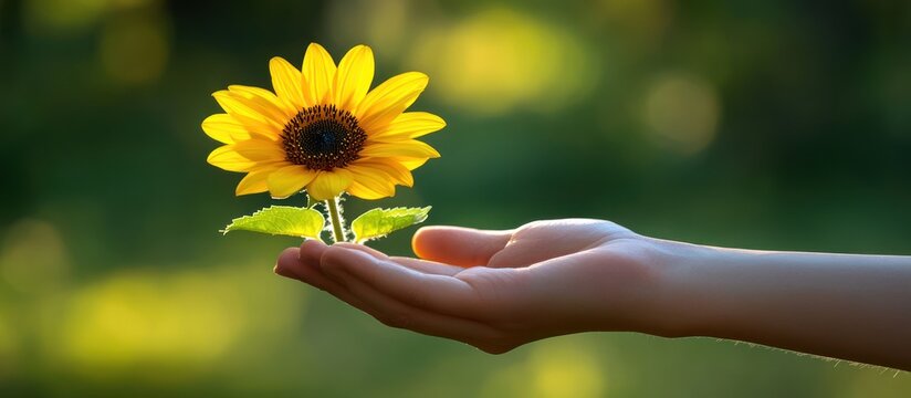 Closeup of hand holding vibrant sunflower against blurred green background, symbolizing hope and positivity. Perfect for wellness and nature publications.