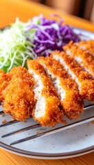 Crispy breaded pork cutlets, sliced, served with shredded cabbage, wooden table background. Food photography