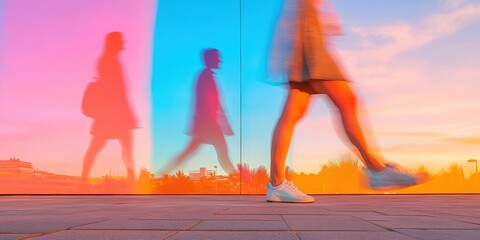 Vibrant Gradient Glass Wall with Professional Attendees Walking - Dynamic Networking Concept and Modern Corporate Engagement in Urban Conference Arena