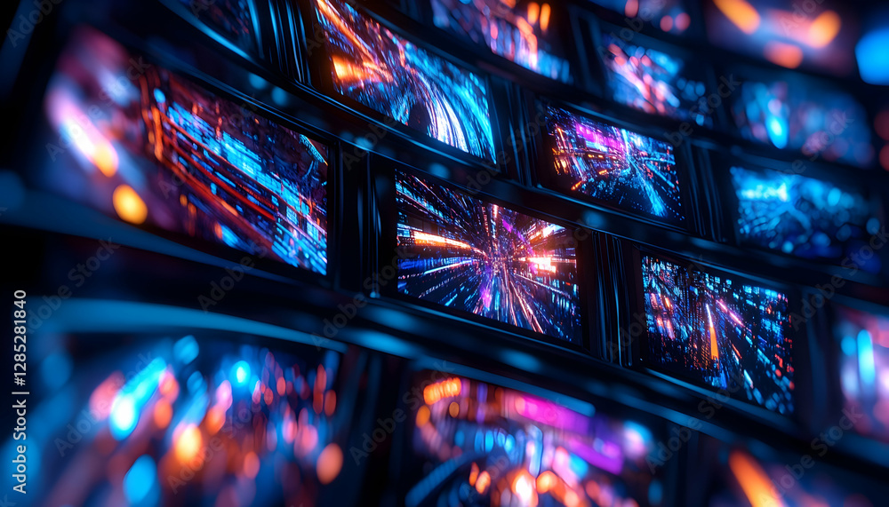 Poster curved screens display vibrant city lights; data visualization; technology background
