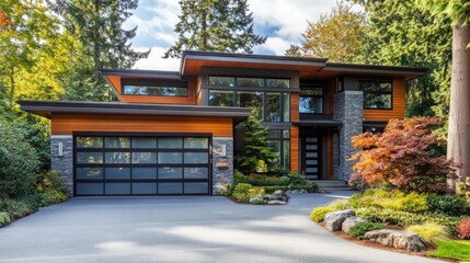 Fototapeta premium Modern house with wood siding, large windows, and a two-car garage. Landscaped yard with autumn foliage.