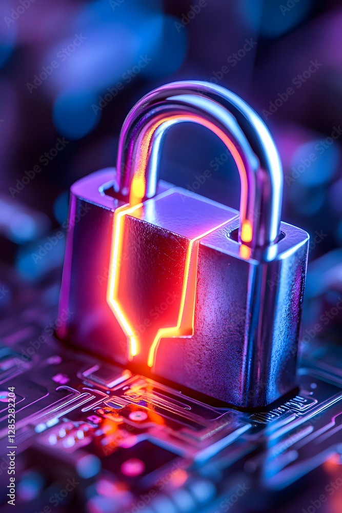Poster cyber security padlock on circuit board