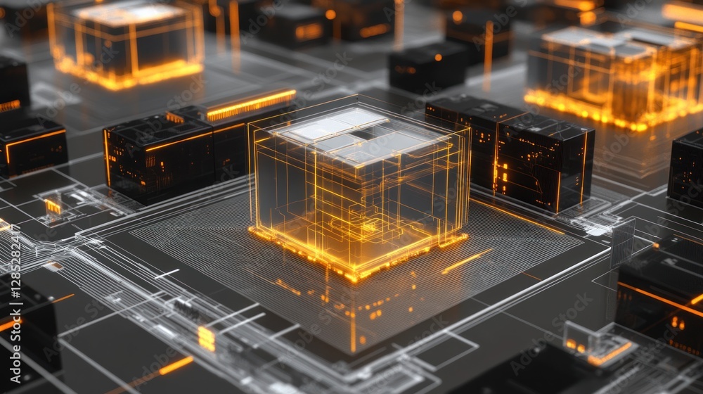Wall mural futuristic digital circuit board with glowing orange elements and intricate patterns