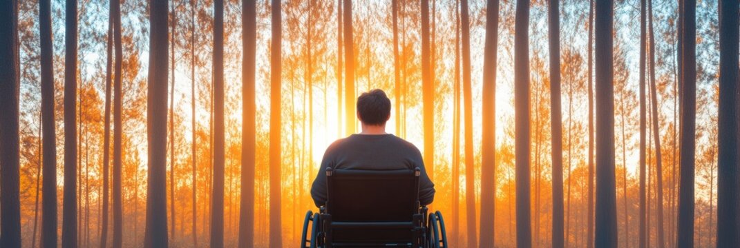 Adaptive Outdoor Yoga for Wellbeing Wheelchair User in Serene Forest at SunriseInclusive Fitness Imagery for Mindful Lifestyle Campaigns and Health Promotions