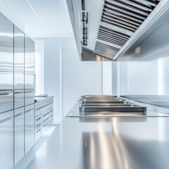 Sleek Industrial Kitchen Design Stainless Steel Equipment and Ventilation in Modern Culinary Workspace - Streamlined Restaurant Operations and Efficient Commercial Kitchens