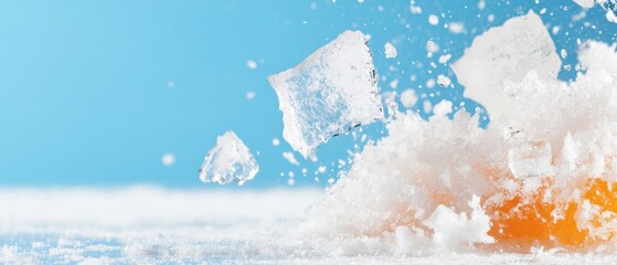 Dynamic Ice Crystalline Blocks on Vibrant Orange and Blue Backdrop - Visual Content for Creative Marketing and Cold Beverage Branding