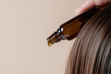 Obraz premium Sleek Hime Haircut Styling with Hair Serum Capturing Glossy Haircare Textures for Luxury Beauty Marketing and Professional Salon Applications