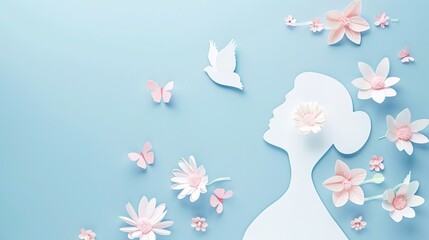 A beautifully crafted Women's Day greeting card is set against a blue background. The blue hue of the background is soft and soothing, creating a serene atmosphere