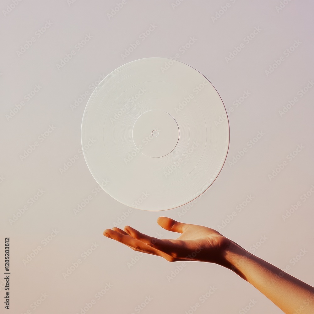 Poster modern optical illusion art floating white vinyl record in minimal setting for visual branding and c