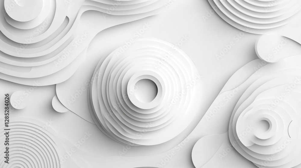 Poster a white background with abstract lines and circles, a minimalist arrangement of various white object