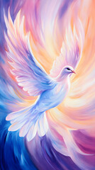 Dove soaring, vibrant sunset, spiritual hope, peaceful background, religious art
