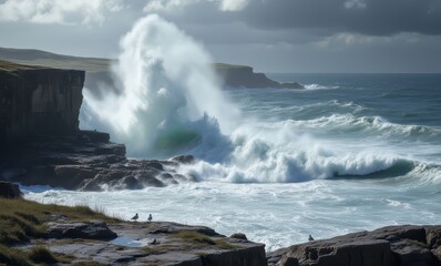 Dramatic sea waves crashing on cliffs