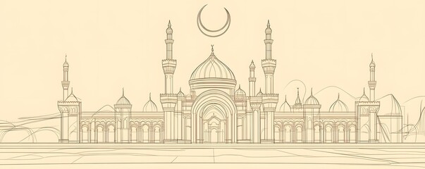 Obraz premium Sketch of a grand mosque with minarets and crescent moon