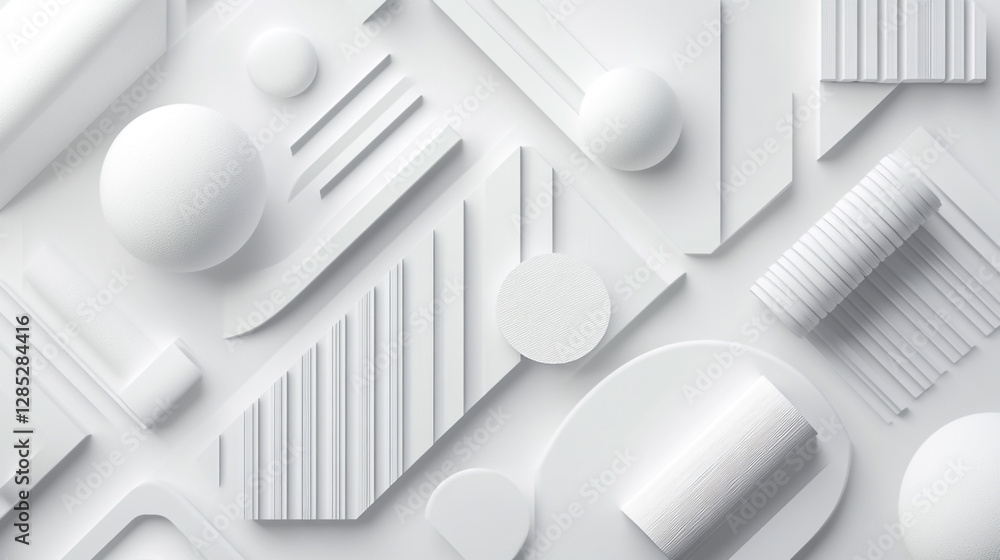 Poster a white background with abstract lines and circles, a minimalist arrangement of various white object