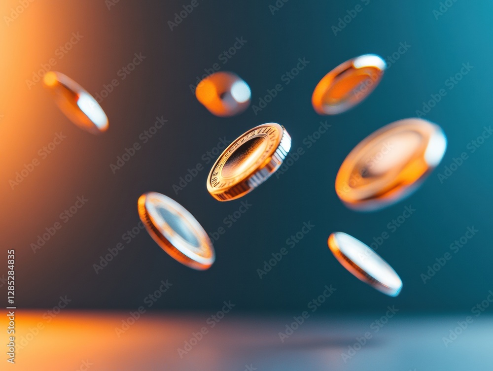 Poster futuristic finance aesthetic floating golden and silver braille coin icons in dynamic digital space 