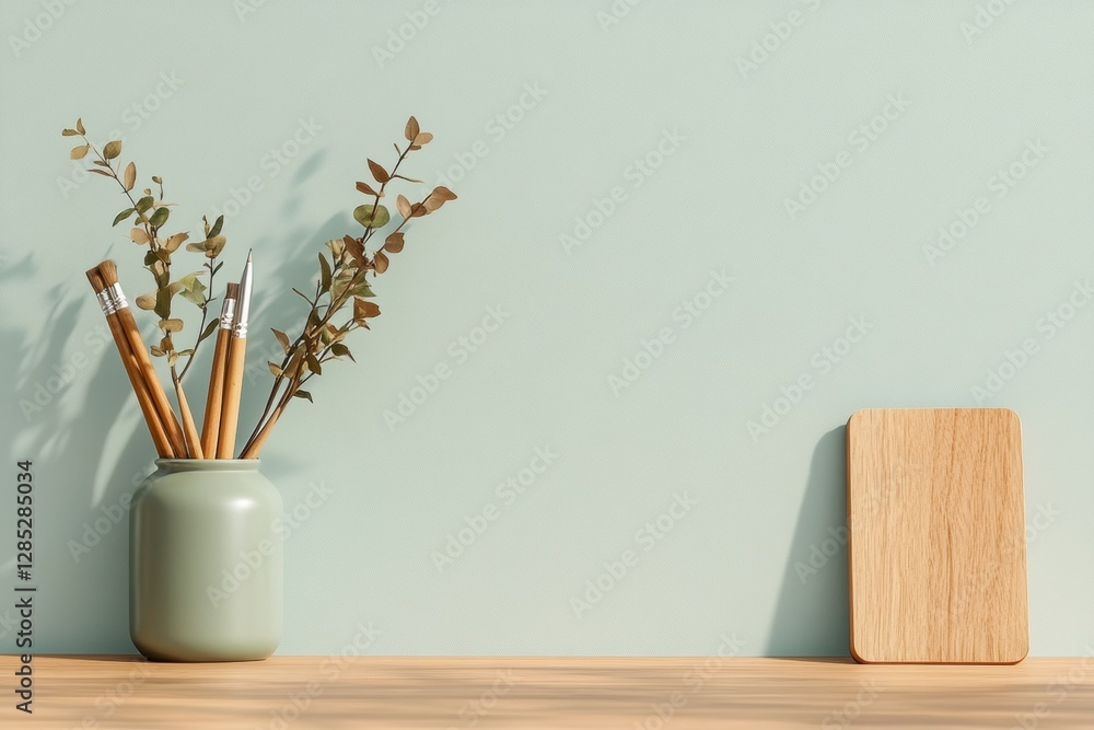 Poster modern minimalist workspace wooden desk with digital drawing tablet and sketch tools for innovative 