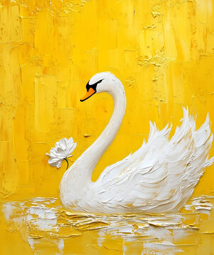 Acrylic Painting of White Swan on a Yellow Background 