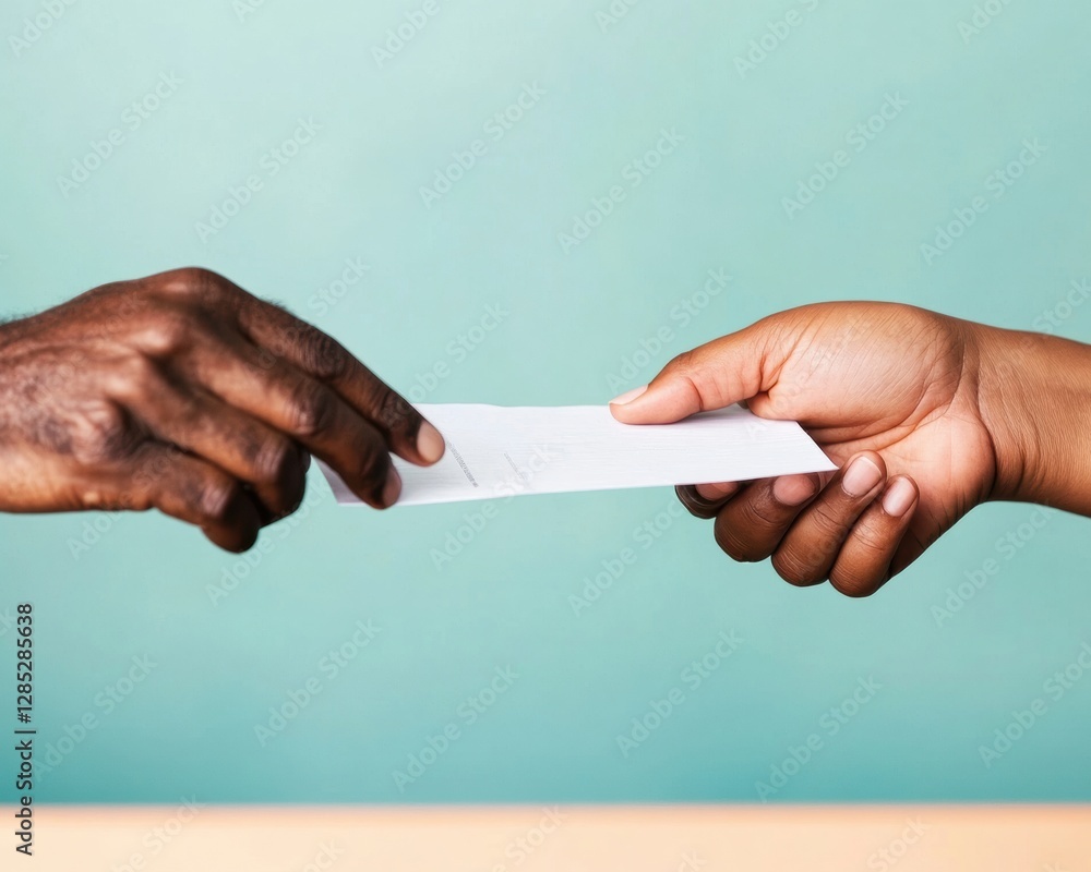 Poster minimalist healthcare interaction hands exchanging document on soft cyan - streamlined patient check