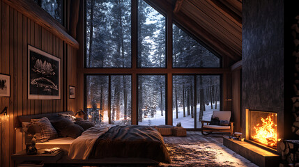 A cozy cabin in the woods, surrounded by dense forest, a warm fire crackling in the hearth, snow on the ground, the scent of pine needles in the air, a cozy and intimate atmosphere, soft lighting, 