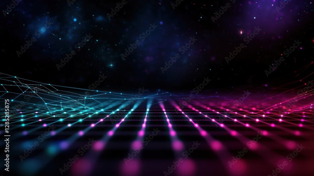 Wall mural abstract digital landscape with vibrant lines and dots against a starry background