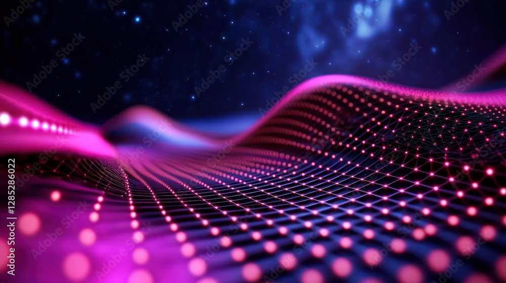 Canvas Prints vibrant abstract digital landscape with flowing waves of light and dots against a starry background