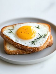 Minimalist Culinary Art Sunny-Side-Up Egg on Artisan Ceramic Plate with Rustic Toast - Casual Dining Decor and Breakfast Branding